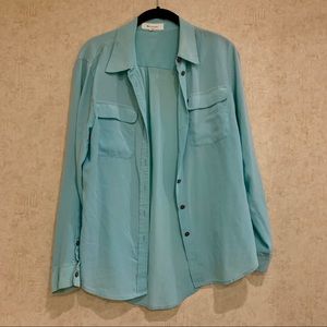 100% SILK, BUTTON DOWN BLOUSE, BABY BLUE